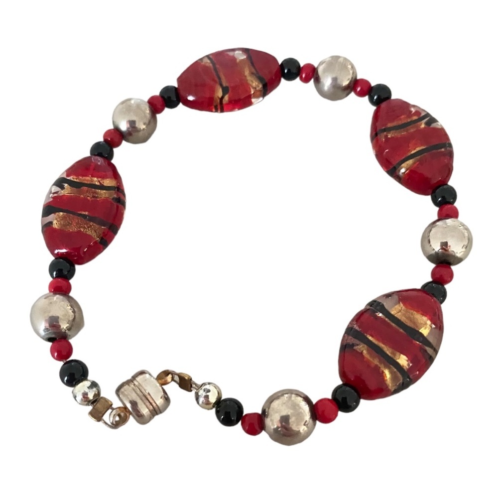 Art glass bracelet red black silver striped beads over magnetic clasp
